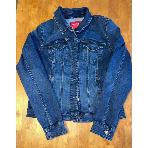 Denim Jacket GUESS Los Angeles Distressed Vintage Size L Cropped Fitted - Picture 1 of 7